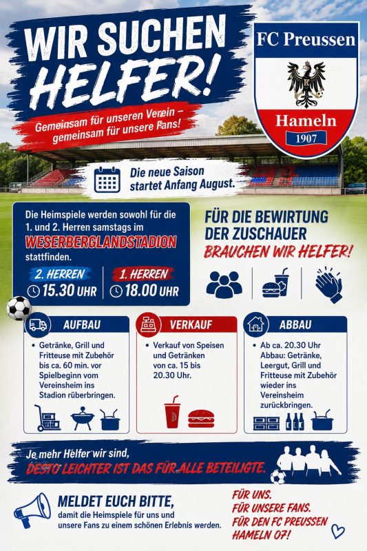 Gesucht: Helfer bei unseren Spielen unserer Herrenteams im Weserbergland-Stadion